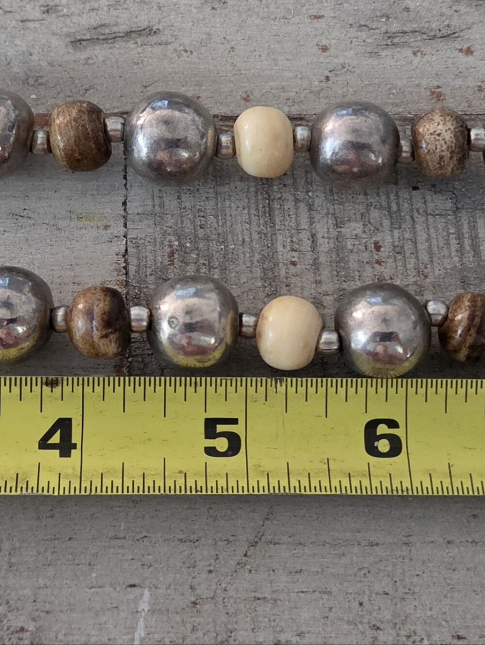 Vintage Boho Tribal Solid Back Silver Tone Jasper Bone Beads Statement Necklace